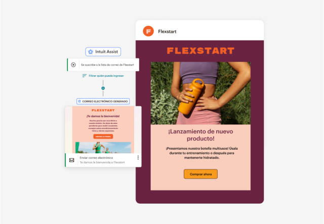 Ejemplo de herramientas de creación de contenido de correo electrónico con IA generativa de Mailchimp, incluyendo un correo electrónico completamente generado y recomendaciones de texto.