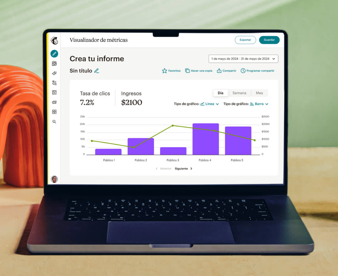 Pantalla de computadora portátil que muestra el visualizador de métricas de Mailchimp, que incluye opciones para comparar la tasa de clics y los ingresos totales durante un periodo ajustable.