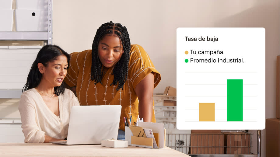 Dos colegas examinan un informe que compara la tasa de cancelación de suscripción en su última campaña con el promedio del sector.
