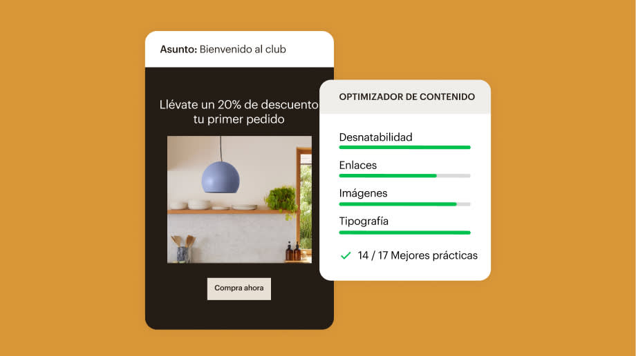 Ejemplo de la interfaz de usuario de Mailchimp con el Optimizador de contenido que califica un ejemplo de correo electrónico para determinar la capacidad de lectura, la calidad de los enlaces, la calidad de las imágenes y la calidad de la tipografía junto con el cumplimiento de las prácticas recomendadas del sector.