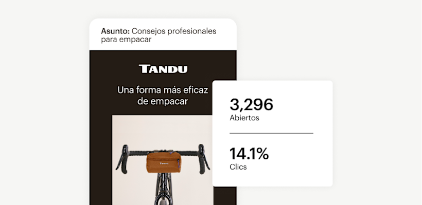 Correo electrónico recortado en dispositivo móvil de una marca de bicicletas llamada Tandu. Al lado y ligeramente por encima hay una burbuja blanca que indica los porcentajes de apertura y de clics
