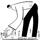 Ilustración de un humano gigante que se inclina buscando a personas más pequeñas