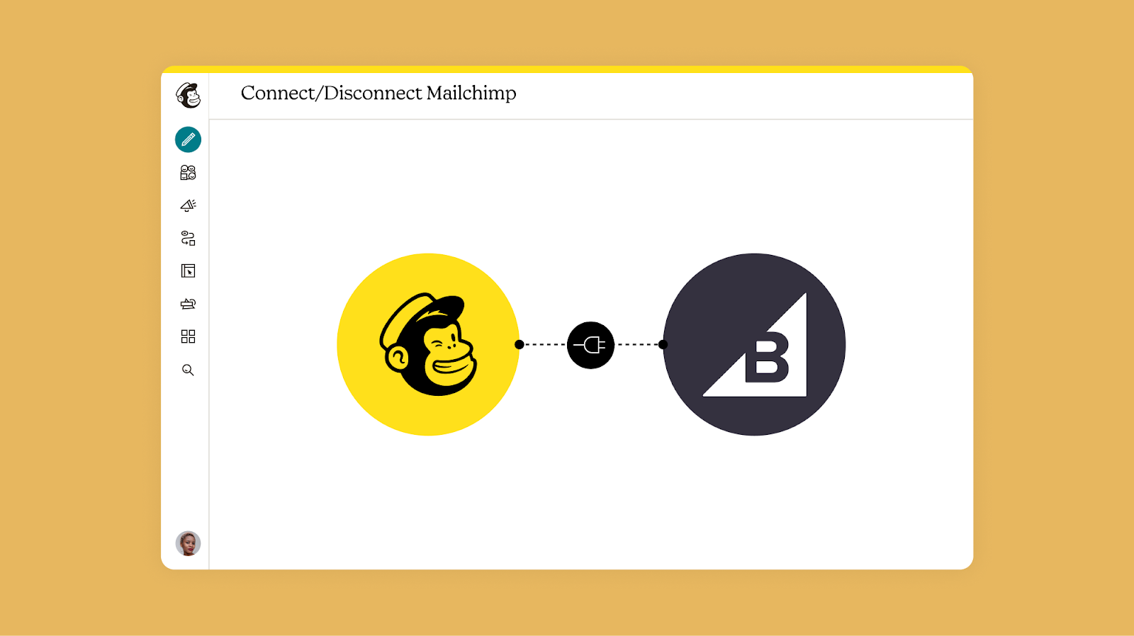 Mailchimp logo on the left and BigCommerce logo on the right, connected by a plug icon to illustrate easy platform integration.