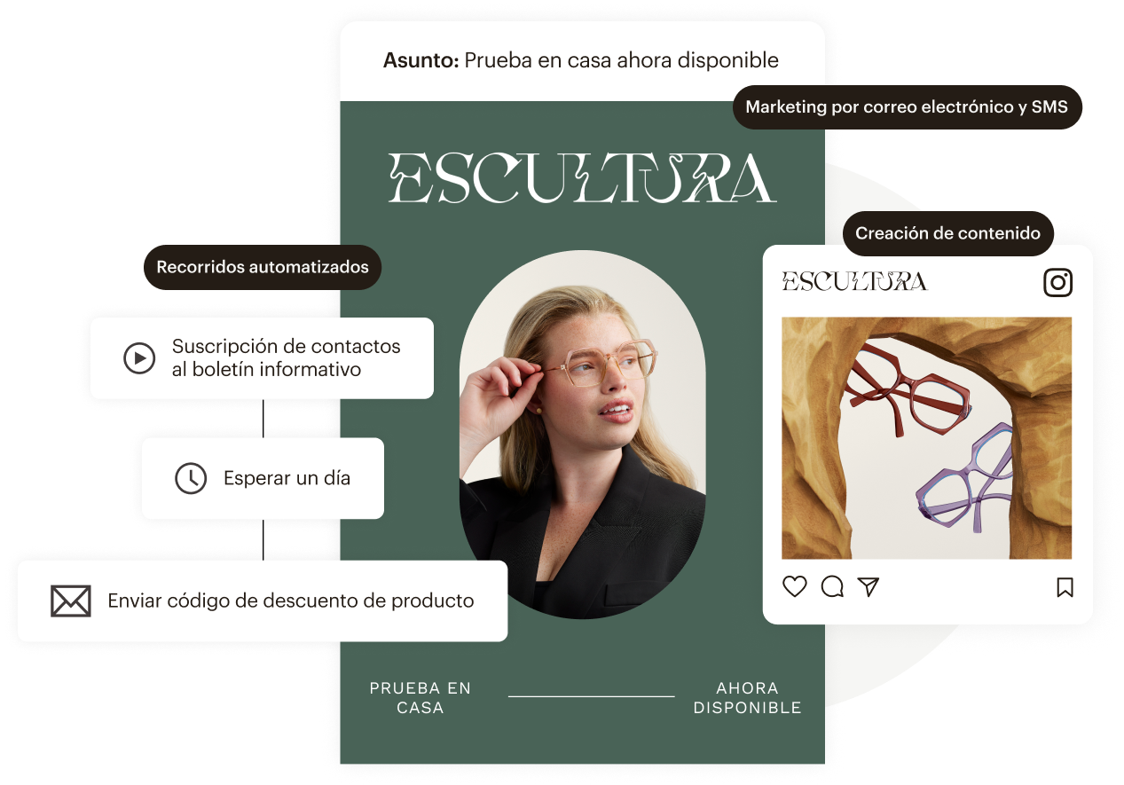 Un grupo de botones en los que se lee "Email y SMS marketing", "Recorridos automatizados" y "Creación de contenidos", junto a imágenes de un correo electrónico de producto, un flujo de usuario automatizado y un activo de marca generado, respectivamente.