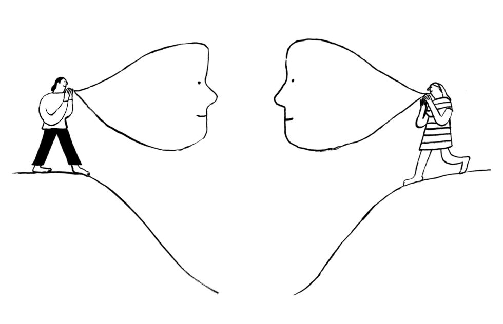 Illo of two people talking to each other from separate hills.