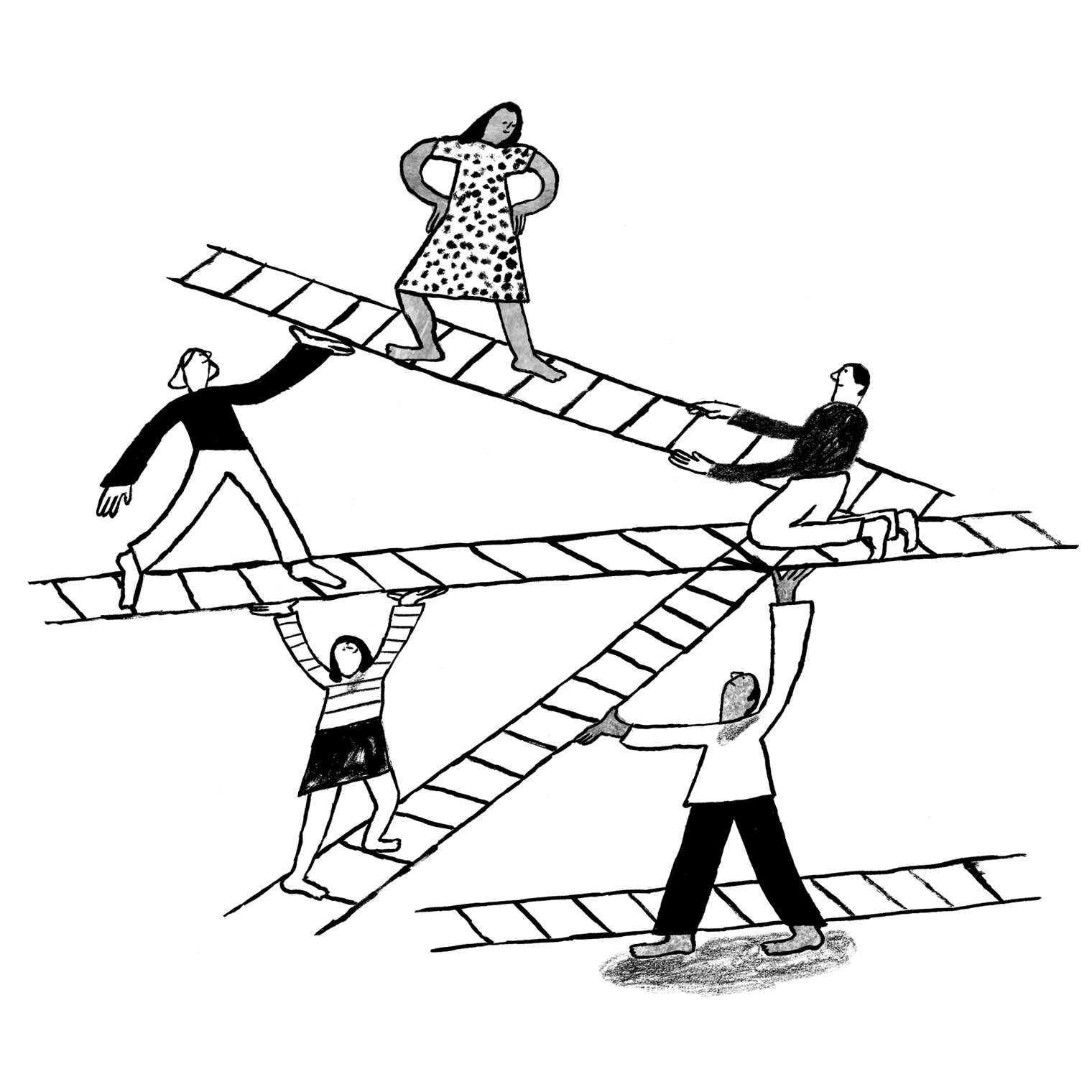 Illustration of people walking, holding, and climbing on ladders