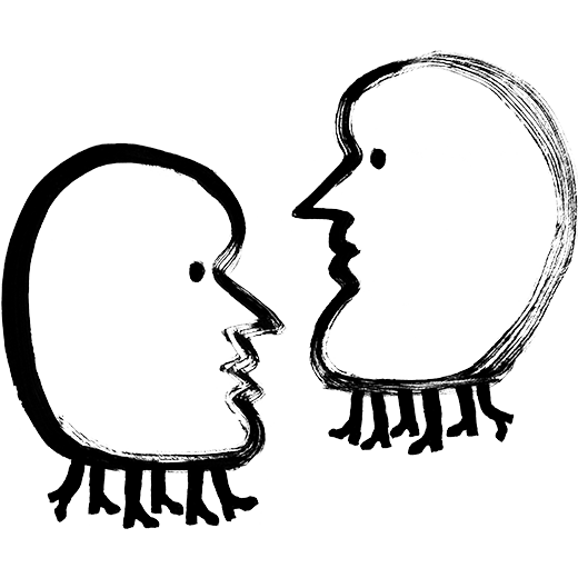 Two heads with legs facing one another