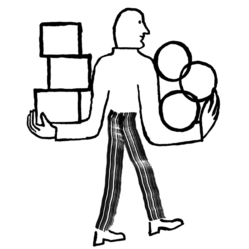 Person holding circles and boxes.
