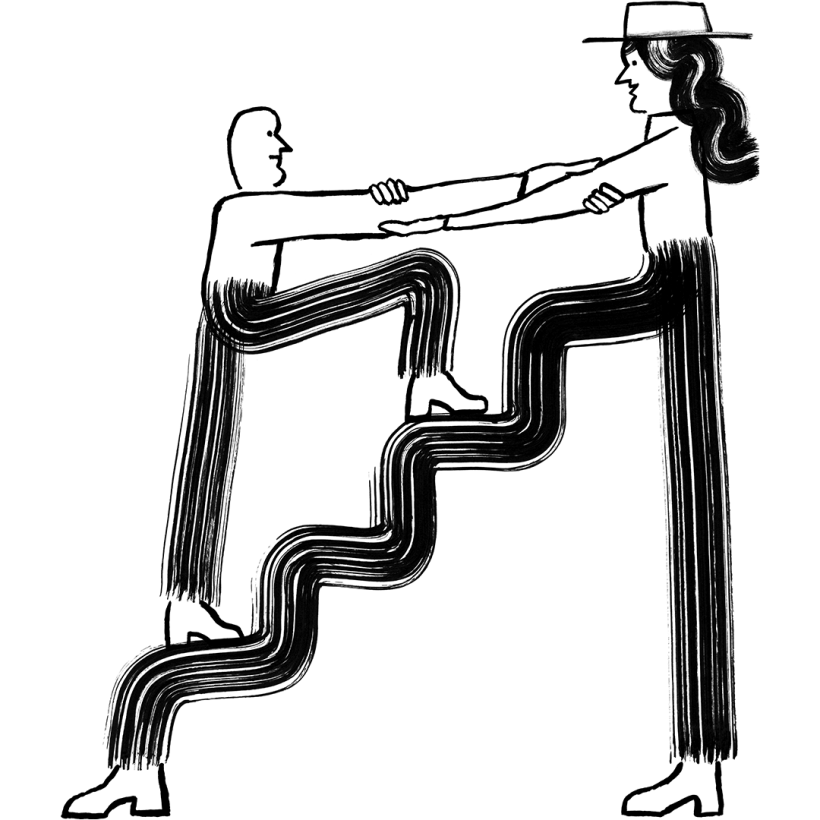 Illustration of a woman helping another person climb up stairs