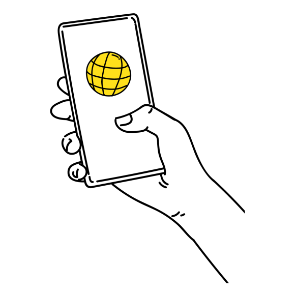 Graphic of someone holding a phone with a globe on the screen