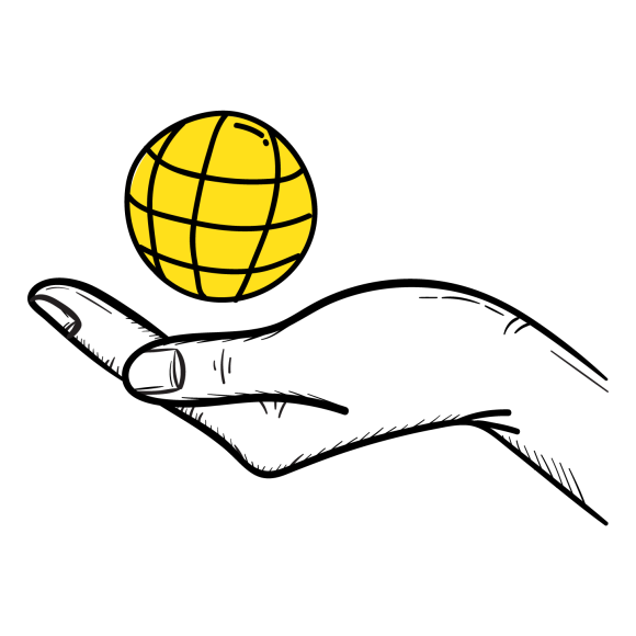 Graphic of a hand holding a globe icon