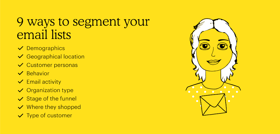 9 ways to segment your email lists: demographics, geographical location, customer personas, behavior, email activity, organization type, stage of the funnel, where they shopped & type of customer.