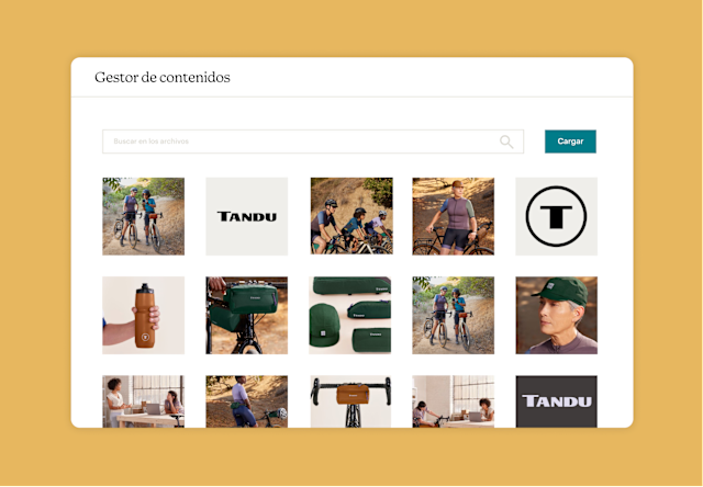 El Gestor de contenido de Mailchimp con una variedad de archivos que incluyen imágenes de productos y logotipos.