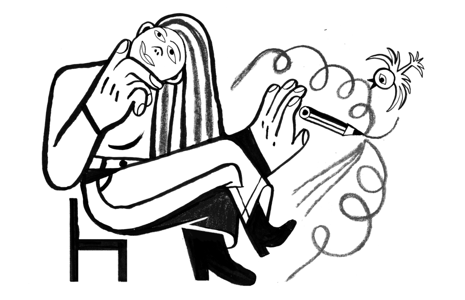 Woman sitting in a chair holding a pencil and thinking. A bird is flying next to the pencil.