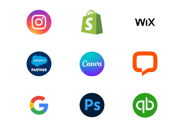 Logos stacked three-on-three. In the top row are Instagram, Shopify, and Wix. In the middle row are Salesforce, Canva, and LiveChat. In the bottom row are Google, Photoshop, and Quickbooks.