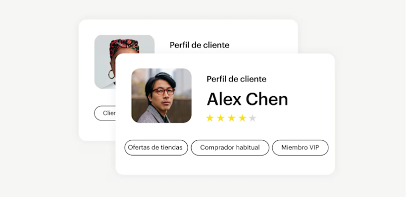 Ejemplo de un perfil de cliente con nombre, calificación y etiquetas