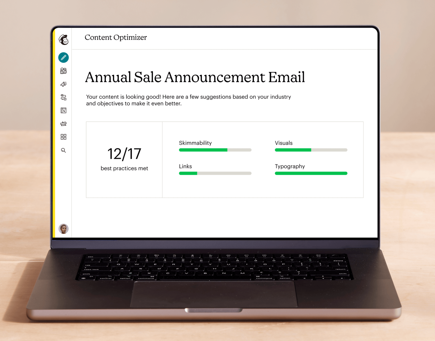 Content optimizer scans email campaigns for a range of best practices and gives feedback and suggested improvements.