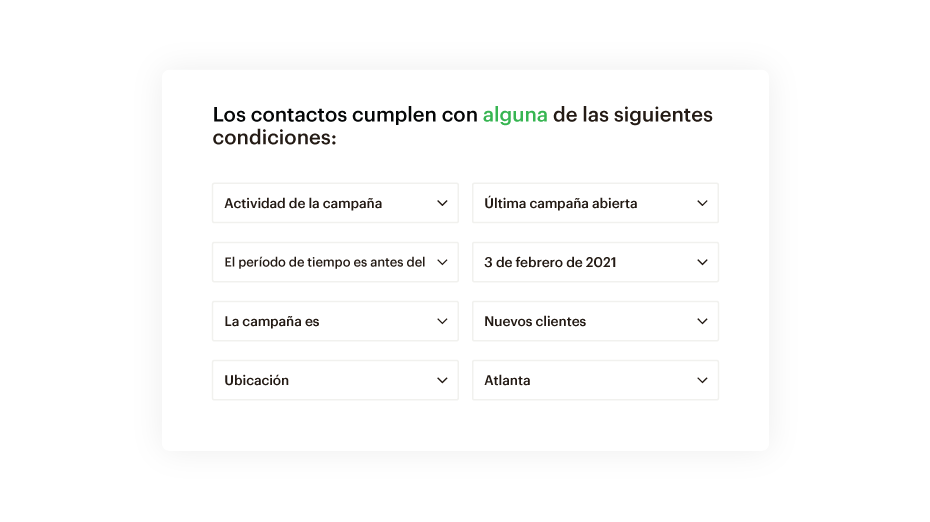 Personalización del correo electrónico que muestra la capacidad de filtrar contactos haciendo coincidir las condiciones con la actividad de la campaña, el periodo, la ubicación y más