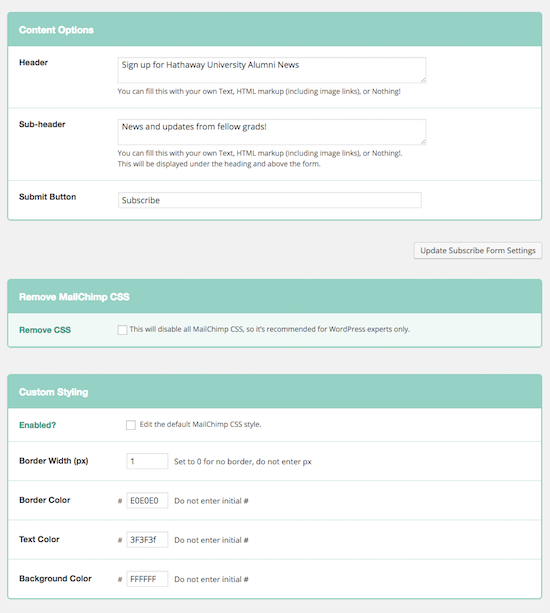 Imagen: captura de pantalla de las opciones de formulario de WordPress.